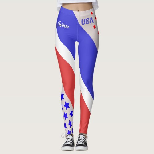 USA PALE TONE RED WHITE and BLUE with Your Name Leggings