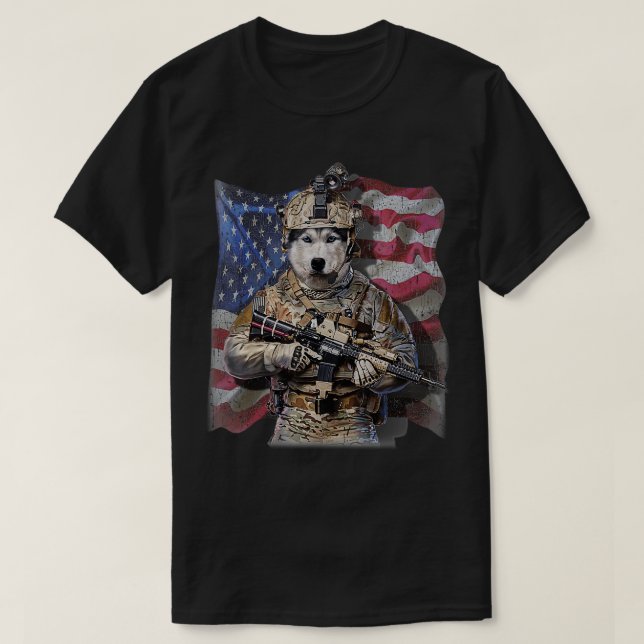 USA Patriot Siberian Husky Dog as Commando  T-Shirt (Design Front)
