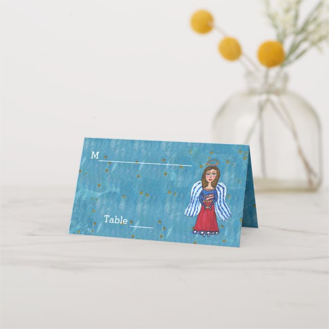 USA Patriotic Angel Holding flag Blue Gold Stars Place Card (Front)