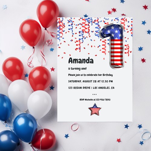 USA Patriotic Balloon 1st Birthday Invitation