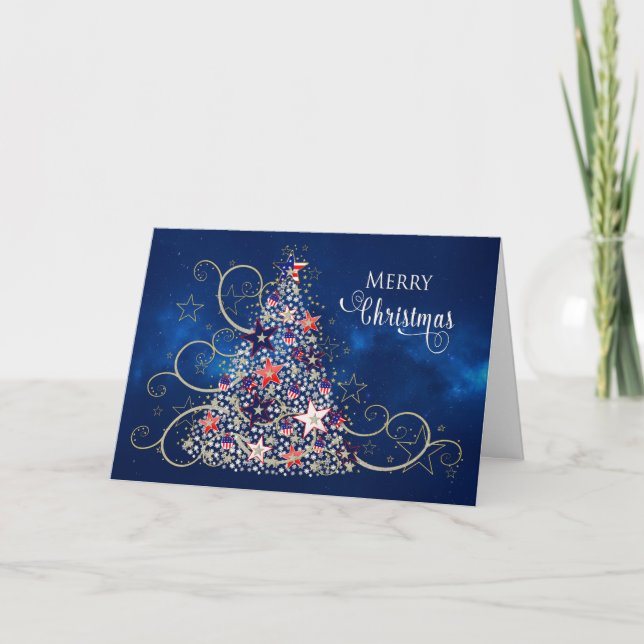 USA Patriotic Christmas,  Decorated USA Tree Card (Front)