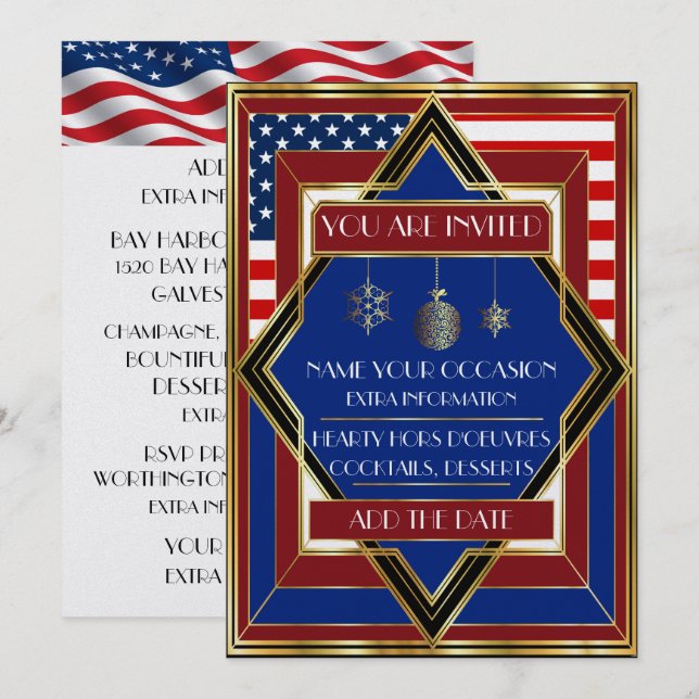 USA Patriotic Deco Christmas Invitation (Front/Back)