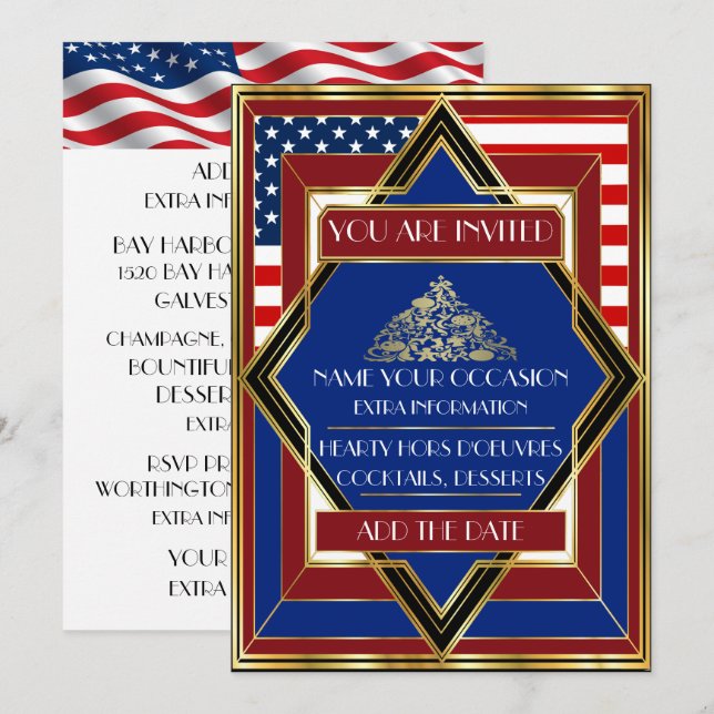 USA Patriotic Deco Christmas Invitation (Front/Back)