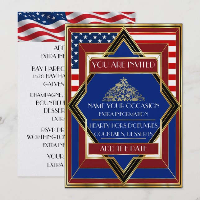 USA Patriotic Deco Christmas Invitation (Front/Back)