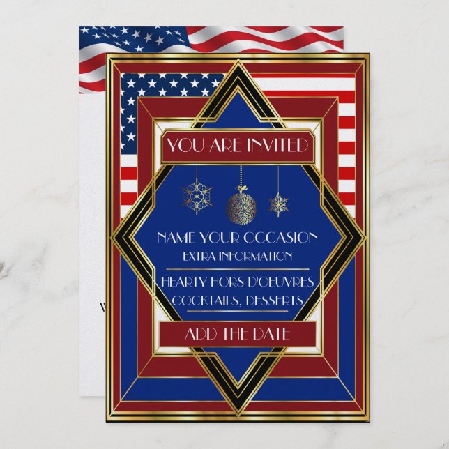 USA Patriotic Deco Christmas Invitation (Front/Back)