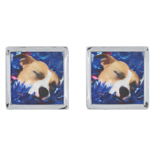 USA Patriotic Dog American Pit Bull Terrier Silver Cufflinks