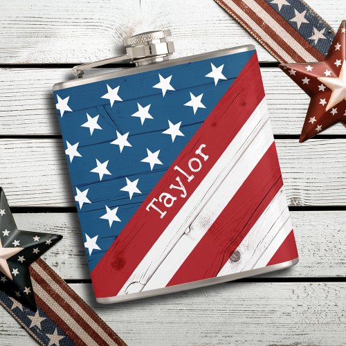 USA Patriotic July 4th Rustic Wood American Flag Flask