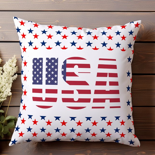 USA Patriotic July Red White Blue Stars Throw Pillow (Creator Uploaded)