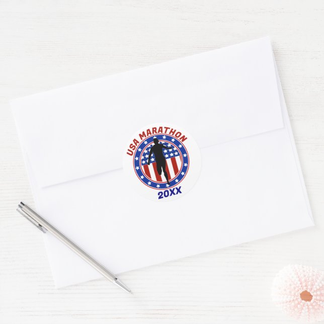 USA Patriotic MARATHON / RELAY RUN Classic Round Sticker (Envelope)