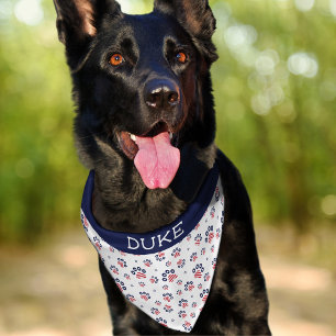 USA Patriotic Paw Pattern Red WhiteBlue Pet Name Bandana Collar