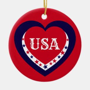 USA Patriotic Red White Blue Heart Christmas Ceramic Ornament