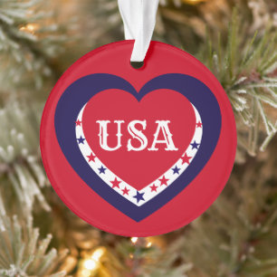 USA Patriotic Red White Blue Heart Christmas Ornament