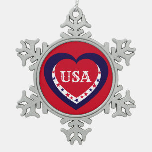 USA Patriotic Red White Blue Heart Festive Snowflake Pewter Christmas Ornament