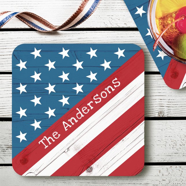 USA Patriotic Stars Stripes Flag Name Rustic Wood Square Paper Coaster (Creator Uploaded)