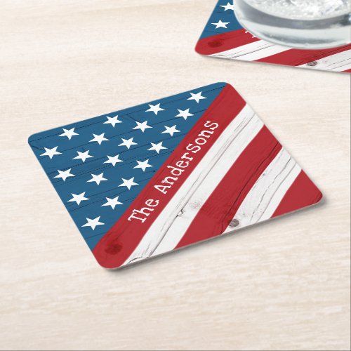 USA Patriotic Stars Stripes Flag Name Rustic Wood Square Paper Coaster