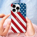 USA Patriotic Stars & Stripes Rustic American Flag iPhone 15 Pro Case<br><div class="desc">Show some stars and stripes pride in your country whenever you use this cell phone case. Your custom name overlays rustic, vintage, bold, graphic, diagonal red and white stripes and white stars on blue, American flag country wood paneled background. Personalize with your name. Makes a great, patriotic gift! Just type...</div>