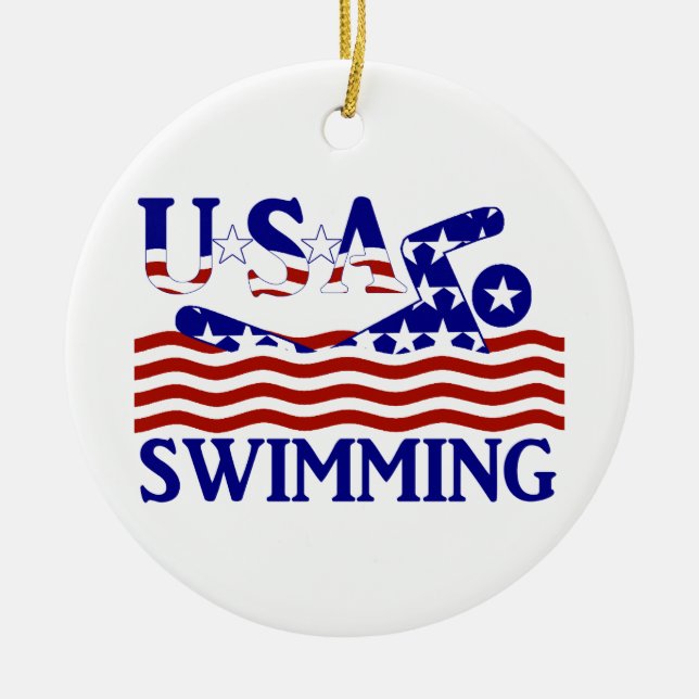 USA Patriotic Swimming Sports Ceramic Ornament (Front)