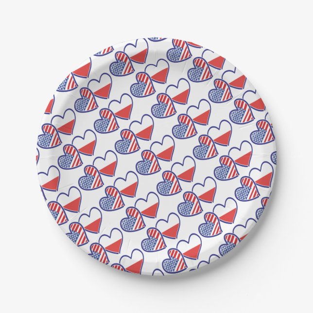 USA Poland Flag Hearts Paper Plates (Front)