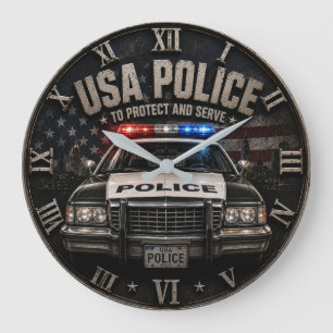 USA Police Classic Patrol Car Vintage  Large Clock