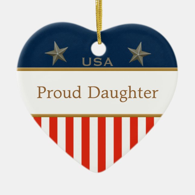 USA Proud Daughter Patriotic Heart Frame Ceramic Ornament (Front)