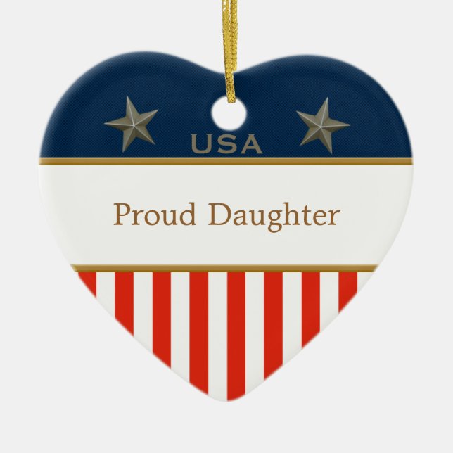 USA Proud Daughter Patriotic Heart Frame Ceramic Ornament (Front)