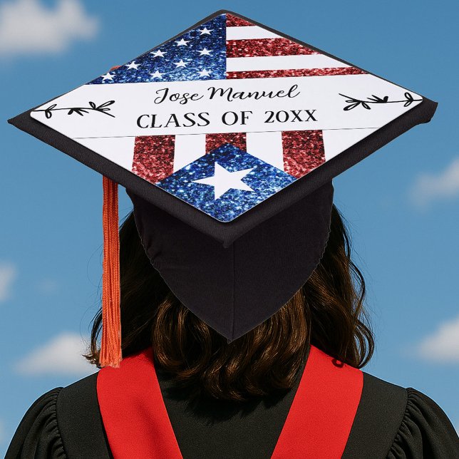 USA Puerto Rico flag sparkles Custom Name Class Graduation Cap Topper (Creator Uploaded)