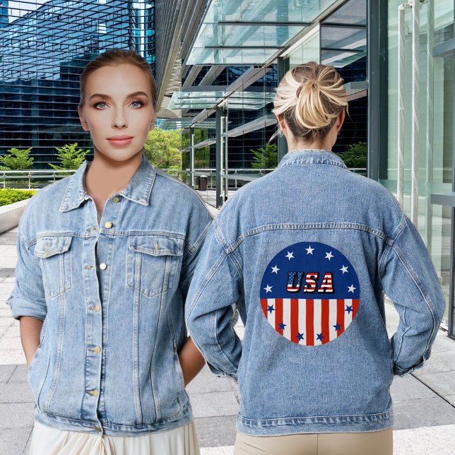 USA Quote American Flag Stars in Circle Womens Denim Jacket (USA Quote American Flag Stars in Circle Women's Denim Jacket)