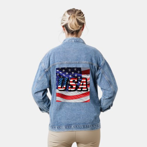 USA Quote American Flag Womens Denim Jacket