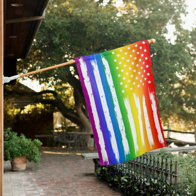 USA Rainbow Pride Gradient Vintage House Flag (In SItu)