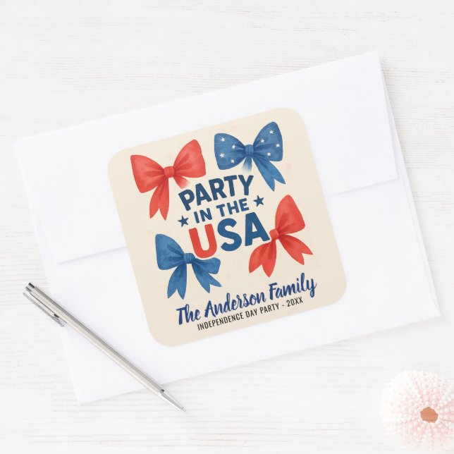 USA Red and Blue Bows Patriotic  Square Sticker (Envelope)