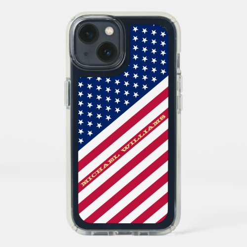 USA Red Blue White Stripes Stars Gold Monogrammed Speck iPhone 13 Case