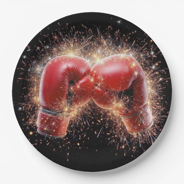 USA Red Boxing Gloves In Fireworks Paper Plates (Front)