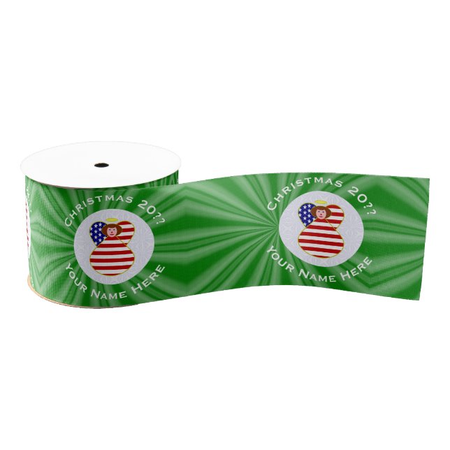 USA Red Hair Angel Christmas Flag Personalized  Grosgrain Ribbon (Spool)
