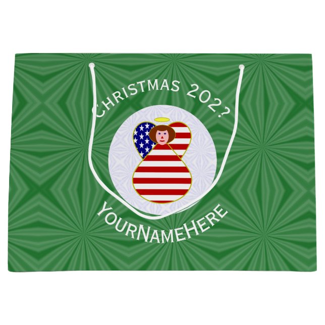 USA Red Hair Angel Christmas Flag Personalized  Large Gift Bag (Front)