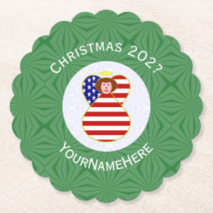 USA Red Hair Angel Christmas Flag Personalized  Paper Coaster