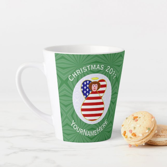 USA Red Haired Angel Christmas Flag Personalized  Latte Mug (In Situ)