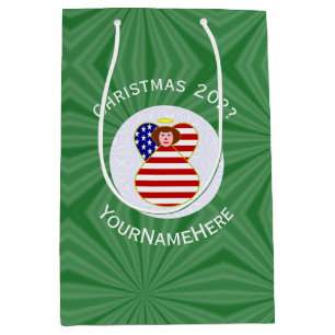 USA Red Haired Angel Christmas Flag Personalized Medium Gift Bag