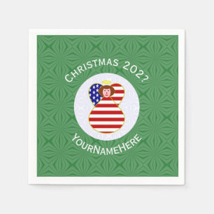USA Red Haired Angel Christmas Flag Personalized  Napkins