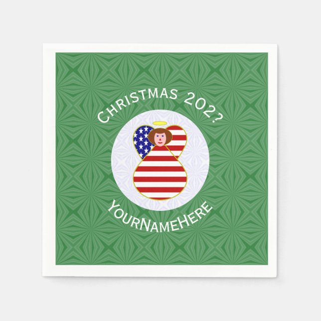 USA Red Haired Angel Christmas Flag Personalized  Napkins (Front)
