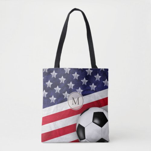 USA red white and blue American flag w soccer ball Tote Bag