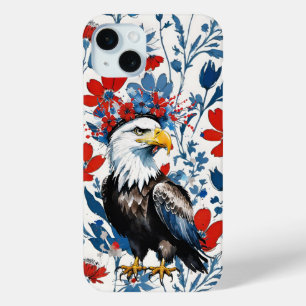 USA Red White and Blue Floral with Bald Eagle iPhone 15 Plus Case