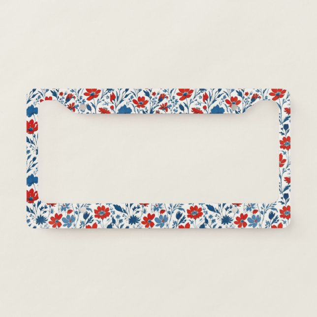 USA Red White and Blue Flowers License Plate Frame (Front)