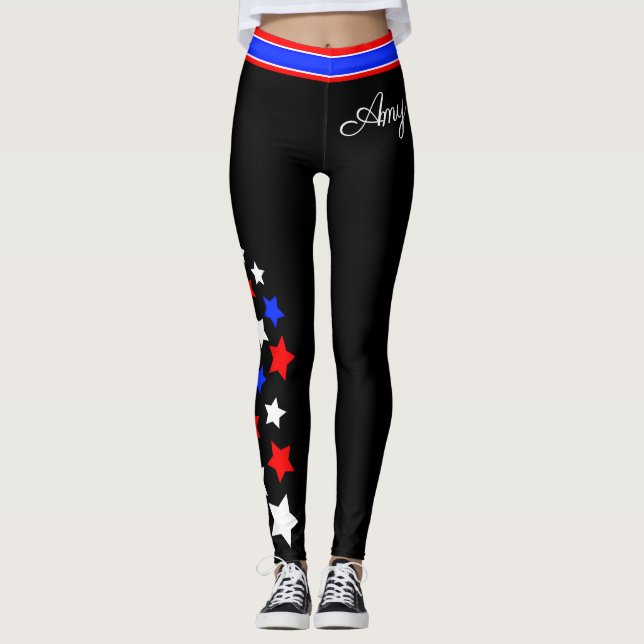 USA - Red White and Blue Stars (Your Name) Leggings (Front)