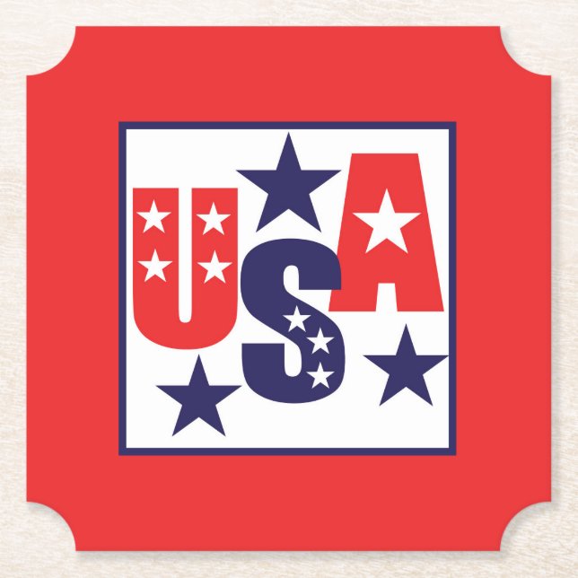 USA Red, White and Blue with Stars Paper Coaster (Front)