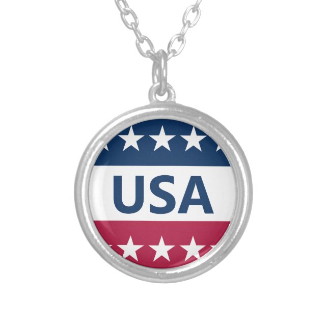 USA Red White and Blue with Stars Silver Plated Necklace (Front)