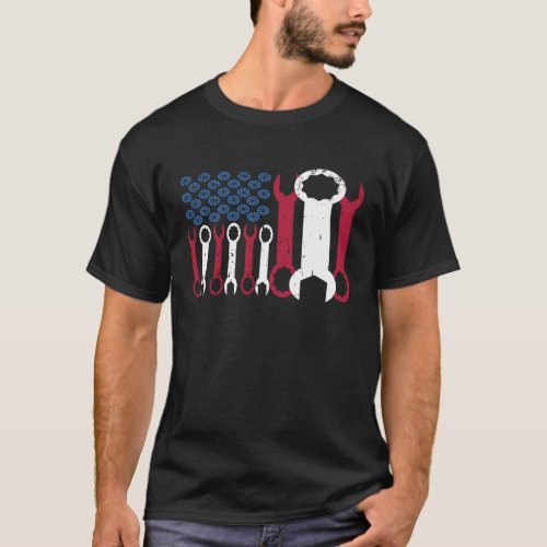 USA Red White Blue American Flag Mechanic T_Shirt