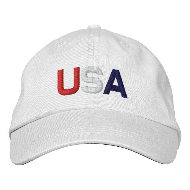 USA Red White Blue Embroidered White Hat (Front)