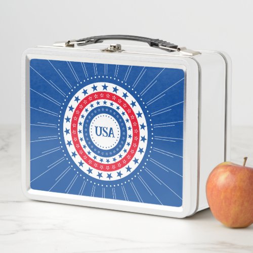USA Red White Blue Stars Initials or Monogram Metal Lunch Box