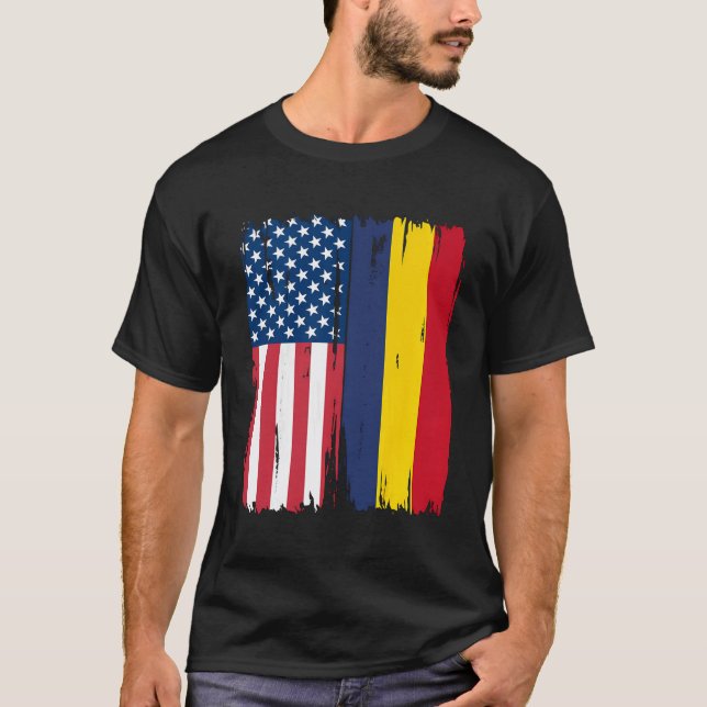 Usa Romania Half American Flag Roots T-Shirt (Front)