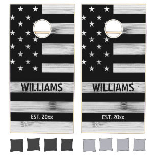 USA Rustic Wood Black White America Family name Cornhole Set